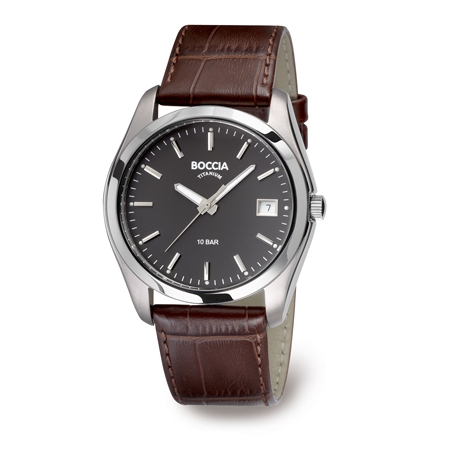 Boccia Black Dial Brown Band Titanium Watch - 3548-02 - Click Image to Close