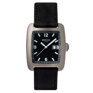 Boccia Black Dial Tank Titanium Leather Watch - 590-01